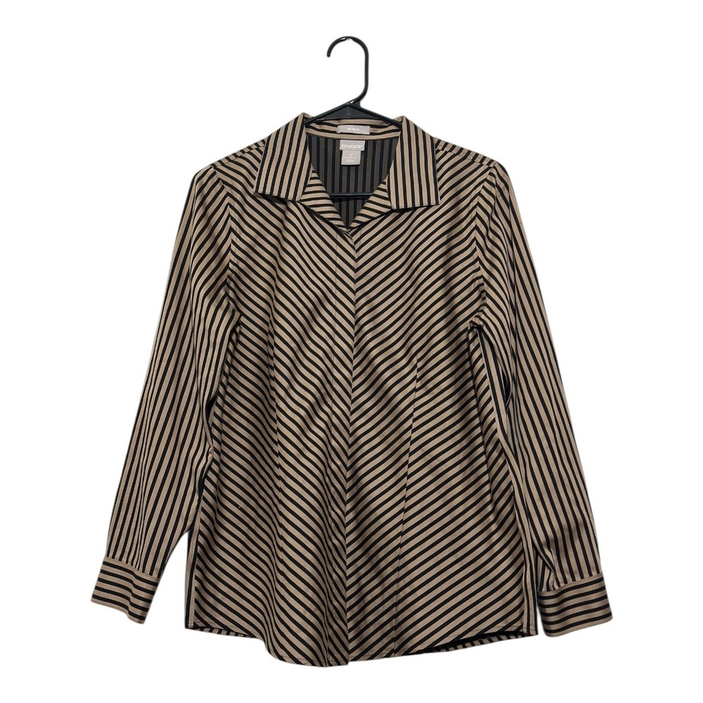 Chicos Chic No Iorn Striped Button Up Women Size 4/6 Brown Black Long‎ Sleeve